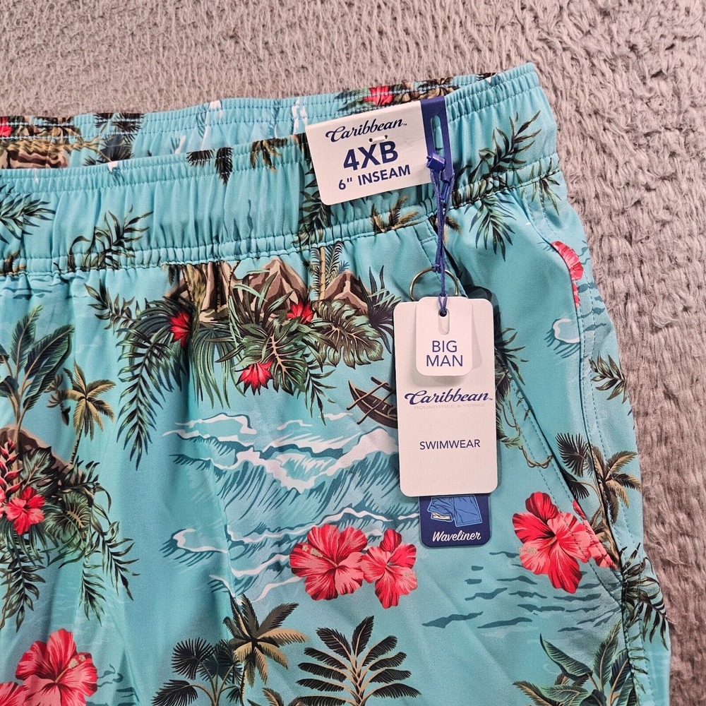 NWT Caribbean Swim Shorts Trunks Men's 4XB Lined Tropical Floral Island Palm Sea